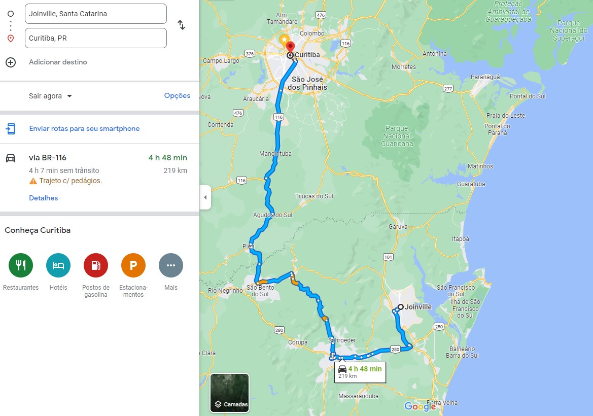 Opção de rota entre Curitiba e Joinville. Passando por Jaraguá do Sul e São Bento do Sul, chegando a Curitiba pela BR-116.